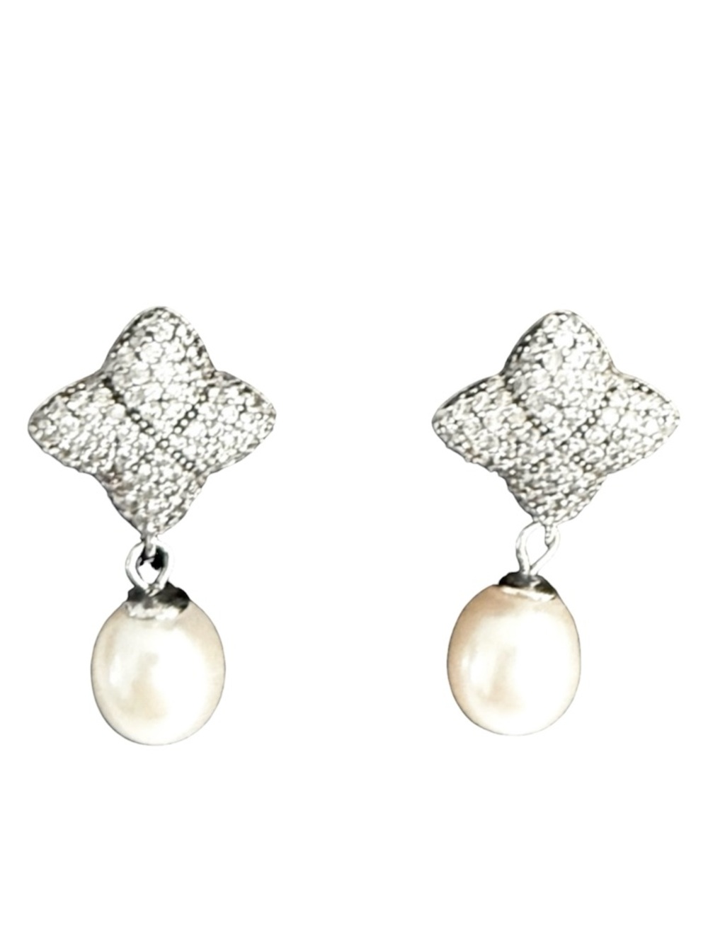 NEW Cultured Pearls Sterling Silver and Pave Cubic Zirconia Drop post Earrings